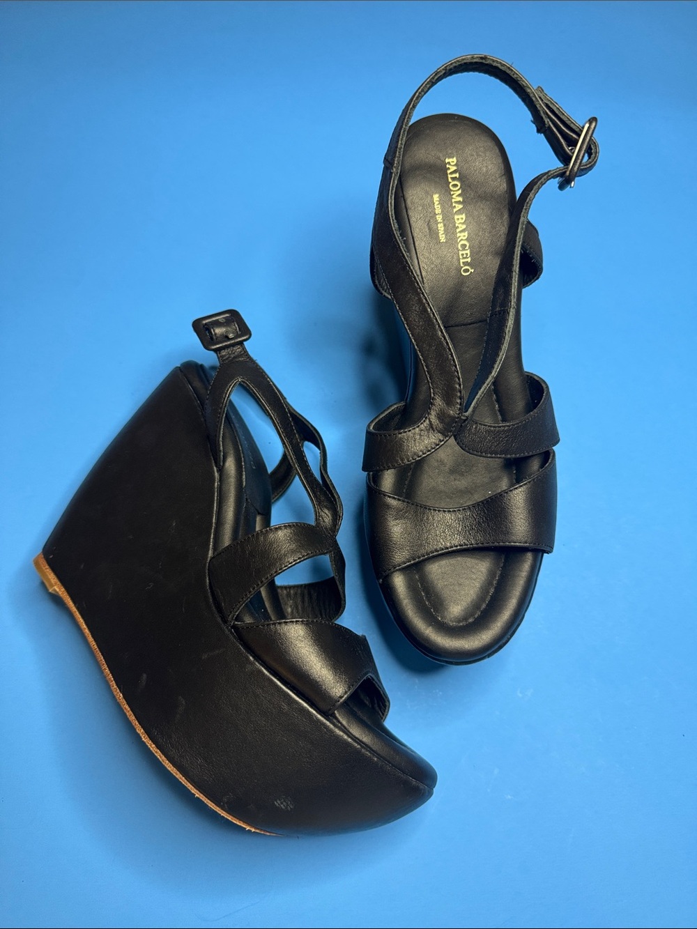 Paloma Barcelo Black Leather Strappy Wedge Sandals